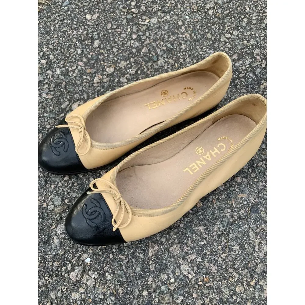 Authentic Chanel Lambskin Leather Ballet Flats EU 36 Two Tone Beige Black CC Tan